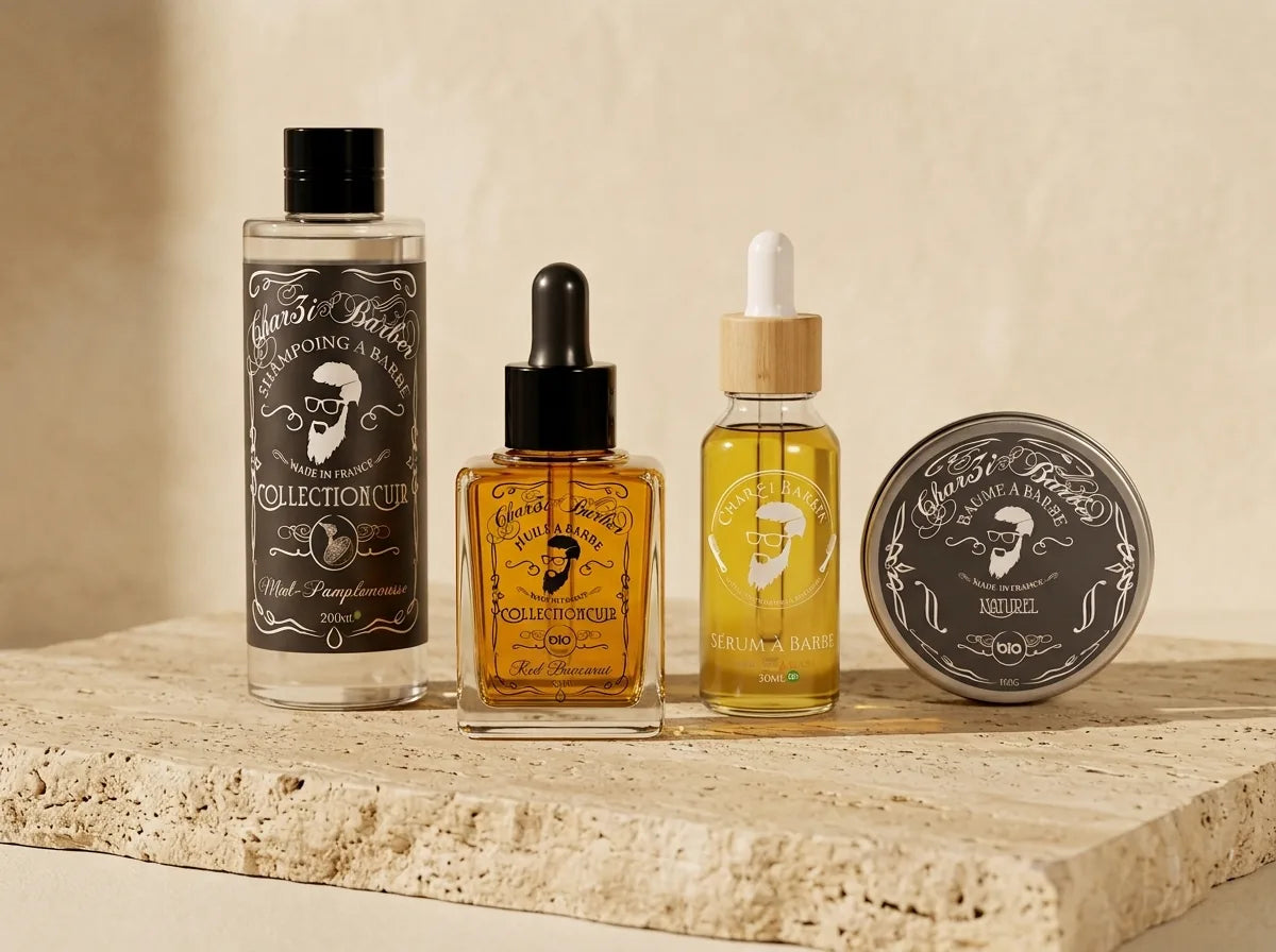 Image soin de barbe Four grooming products on stone — Char3i Barber