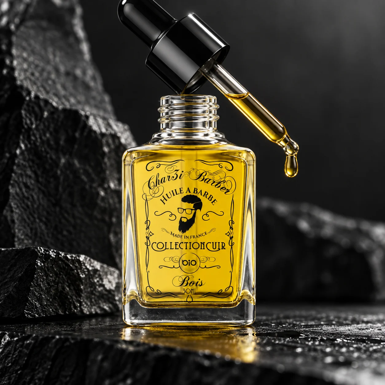 Huile à barbe ZAYT Char3i Barber — goutte d’huile sur pierre minérale