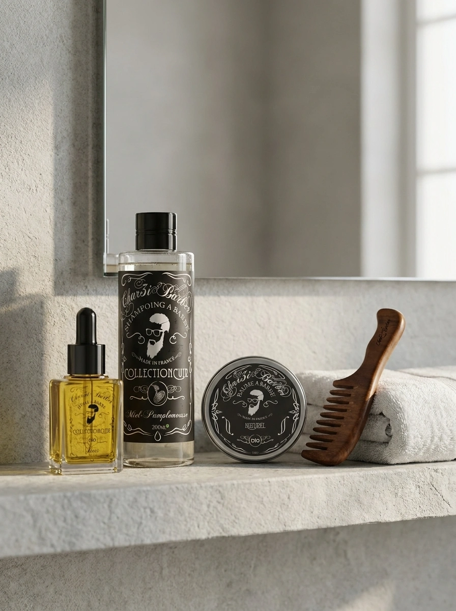 Routine de soins de barbe Char3i Barber sur une étagère
