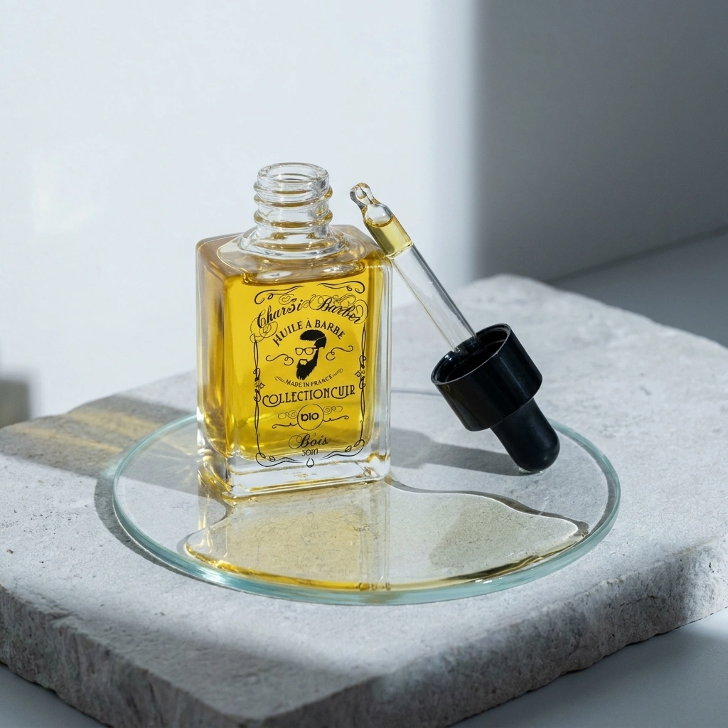 Huile à barbe ZAYT Char3i Barber avec pipette sur pierre